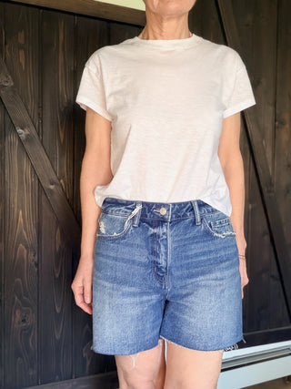 Saylor High Rise Denim Shorts - Honeycomb-BottomsSaylor High Rise Denim Shorts - Honeycomb | VerClare Boutique | Jenison MI -High Rise Denim Shorts are a beautiful comfort denim high-rise short featuring distressed detailing, a raw hem finish, and a classic 5-pocket design. Free US shipping from VerClare Boutique.-VerClare Boutique