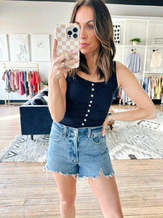 Sariah Pointelle Button Knit Cami - Navy-Tops Basic SolidSariah Soft Brushed Top – Navy | VerClare Boutique | Jenison, MI-Soft brushed striped top in navy with a relaxed, cozy feel. Easy everyday layering piece with timeless style. Free US shipping from VerClare Boutique.-VerClare Boutique