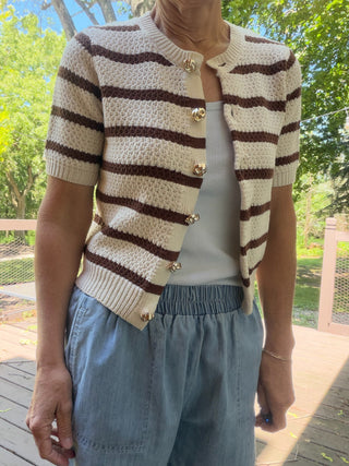 Milena Striped Button Knit Cardigan - Mocha-Sweaterstrend:notes Milena Striped Button Knit Cardigan - Mocha | VerClare Boutique-Shop the trend:notes Milena Striped Button Knit Cardigan in Mocha. Soft sweater knit, stripe detail, button-front, relaxed everyday silhouette. Sizes S–L.-VerClare Boutique
