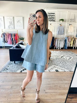 Gala Denim Tank Top - Lt Denim-Tops CasualGala Denim Tank top - Lt Denim | VerClare Boutique | Jenison MI -Denim Tank Top is a beautiful soft denim woven sleeveless tank top featuring a flattering scoop neckline, defined seaming with pleated detailing, and a keyhole back closure. Free US shipping from VerClare Boutique.-VerClare Boutique
