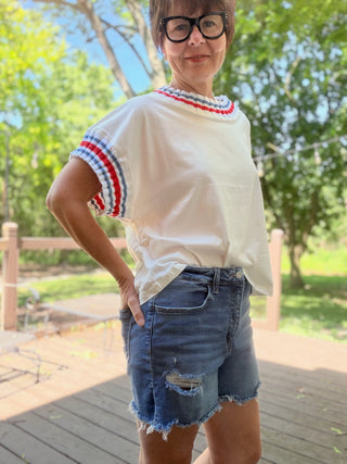 Cabana Stripe Tee-TopsLovLov Cabana Stripe Tee – Oversized White Cotton | VerClare Boutique-Shop the LovLov Cabana Stripe Tee — oversized 100% cotton white tee with contrast stripe trim at the neck and sleeves. Sizes S–XL. Free US shipping on eligible orders.-VerClare Boutique
