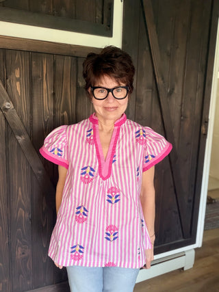 Lina Embroidered Striped Top - Pink-Tops CasualLina Embroidered Stripe Top - Pink | VerClare Boutique | Jenison MI -Embroidered Striped Top is a beautiful soft cotton woven flutter sleeve top featuring floral embroidery detailing, a split V-neckline, and contrast color block accents. Free US shipping from VerClare Boutique.-VerClare Boutique