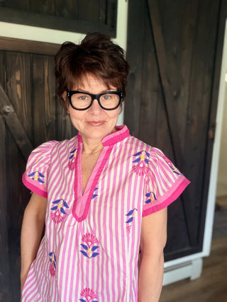 Lina Embroidered Striped Top - Pink-Tops CasualLina Embroidered Stripe Top - Pink | VerClare Boutique | Jenison MI -Embroidered Striped Top is a beautiful soft cotton woven flutter sleeve top featuring floral embroidery detailing, a split V-neckline, and contrast color block accents. Free US shipping from VerClare Boutique.-VerClare Boutique