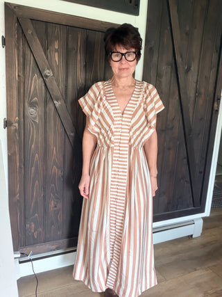 Eira Striped Button-Front Midi Dress - Latte-Dresses & RompersEira Striped Button-Front Midi Dress - Latte | VerClare Boutique | Jenison MI -Striped Button-Front Midi Dress is a beautiful lightweight woven striped midi dress featuring mixed vertical and horizontal stripe placement, a deep V-neckline, and soft flutter cap sleeves. Free US shipping from VerClare Boutique.-VerClare Boutique