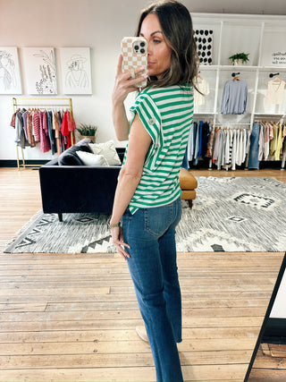 Alora Striped Short Sleeve Top - Green-Tops CasualAlora Striped Short Sleeve Top - Green | VerClare Boutique | Jenison MI-Striped Short Sleeve Top is a beautiful soft knit short-sleeve top featuring classic green stripe detailing, side button accents, and an easy, everyday silhouette. Free US shipping from VerClare Boutique.-VerClare Boutique