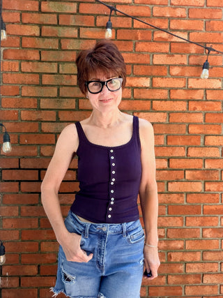 Sariah Pointelle Button Knit Cami - Navy-Tops Basic SolidRaisonnel Sariah Pointelle Button Knit Cami - Navy | VerClare Boutique-Shop the Raisonnel Sariah Pointelle Button Knit Cami in Navy. Soft rib knit, button-front, fitted silhouette, high stretch, lightweight layering essential. Sizes S–L.-VerClare Boutique