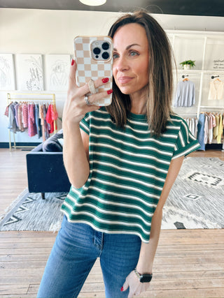 Julissa Striped Short Sleeve Top - Vanilla Green-Tops CasualJulissa Striped Short Sleeve Top - Vanilla Green | VerClare Boutique | Jenison MI-Beautiful soft stretch knit short-sleeve top featuring classic stripe detailing, a relaxed everyday silhouette, and a comfortable, lightweight fee. Free US shipping from VerClare Boutique.-VerClare Boutique