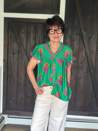 Mina Floral Ruffle Sleeve Top - Green Mix-Tops Basic PrintMina Floral Ruffle Sleeve Top | VerClare Boutique-Shop the Mina Floral Ruffle Sleeve Top by Umgee — a lightweight floral blouse with ruffle sleeves and a relaxed feminine fit. Available at VerClare Boutique.-VerClare Boutique
