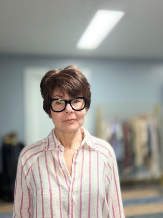 The Perfect Line Top - Spanish Rose-Tops CasualThe Perfect Line Top - Spanish Rose | VerClare Boutique | Jenison MI -The Z Supply Perfect Line Top is a beautiful textured linen-rayon woven striped button-up shirt featuring a soft, drapey feel, a classic collared neckline, and a curved hemline for easy layering. It fits relaxed with an effortless, breezy silhouette — perfect for casual workdays, errands, travel, or everyday wear. Made from a lightweight, breathable linen-blend fabric, this piece adds polishe