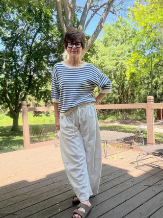 Amara Stripe Trim Sweater - Blue-SweatersThe Workshop Amara Stripe Trim Sweater - Blue | VerClare Boutique-Shop The Workshop Amara Stripe Trim Sweater in Blue. Soft cotton-blend knit, contrast stripe trim, round neckline, short sleeve, easy everyday fit. Sizes S–L.-VerClare Boutique