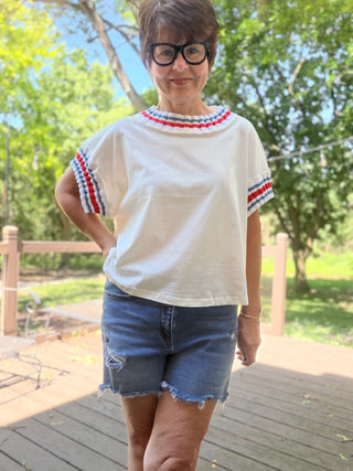 Cabana Stripe Tee-TopsLovLov Cabana Stripe Tee – Oversized White Cotton | VerClare Boutique-Shop the LovLov Cabana Stripe Tee — oversized 100% cotton white tee with contrast stripe trim at the neck and sleeves. Sizes S–XL. Free US shipping on eligible orders.-VerClare Boutique