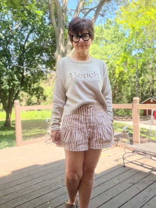 Clarissa Mineral Washed Stripe Shorts - Camel-BottomsEE:SOME Clarissa Mineral Washed Stripe Shorts - Camel | VerClare Boutique-Shop the EE:SOME Clarissa Mineral Washed Stripe Shorts in Camel. Cotton-blend, mineral washed, stripe pattern, button-front detail, relaxed fit. Sizes S–L.-VerClare Boutique