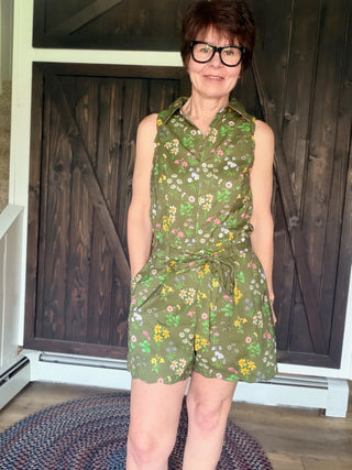 Iris Olive Floral Romper-Dresses & RompersIris Olive Floral Scalloped Romper | VerClare Boutique-Shop the &merci Iris Olive Floral Romper — scalloped edges, smocked waist, self-tie sash, pockets & fully lined. Sizes S–L. $81.99-VerClare Boutique