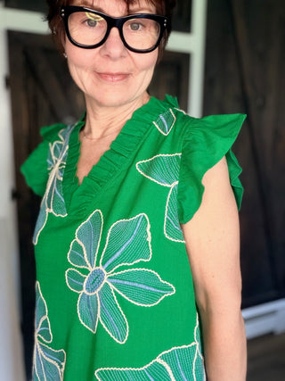 Luisa Ruffled V-Neck Floral Embroidered Shift Dress-Dresses & RompersLuisa Ruffled V-Neck Floral Embroidered Shift Dress | VerClare Boutique | Jenison MI-Beautiful embroidered floral print featuring a ruffled v-neck, flutter sleeves, large embroidered flowers and a solid contrast banded hem. It is designed with a straight, relaxed silhouette. Free US shipping from VerClare Boutique on eligible orders.-VerClare Boutique