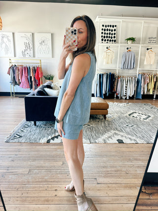 Gala Denim Tank Top - Lt Denim-Tops CasualGala Denim Tank top - Lt Denim | VerClare Boutique | Jenison MI -Denim Tank Top is a beautiful soft denim woven sleeveless tank top featuring a flattering scoop neckline, defined seaming with pleated detailing, and a keyhole back closure. Free US shipping from VerClare Boutique.-VerClare Boutique