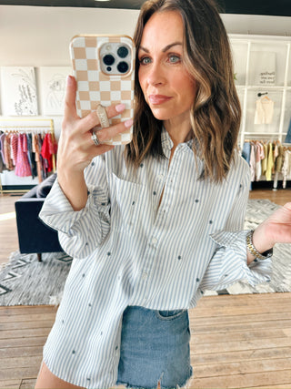 Bae Shirt - Daisy Stripe-Tops CasualBae Shirt Daisy Stripe | VerClare Boutique | Jenison MI-The Bae Shirt is a beautiful lightweight woven striped button-up shirt featuring a classic collared neckline, soft stripe detailing, and an easy, relaxed silhouette. Free shipping and handling in the US.-VerClare Boutique