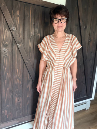 Eira Striped Button-Front Midi Dress - Latte-Dresses & RompersEira Striped Button-Front Midi Dress - Latte | VerClare Boutique | Jenison MI -Striped Button-Front Midi Dress is a beautiful lightweight woven striped midi dress featuring mixed vertical and horizontal stripe placement, a deep V-neckline, and soft flutter cap sleeves. Free US shipping from VerClare Boutique.-VerClare Boutique