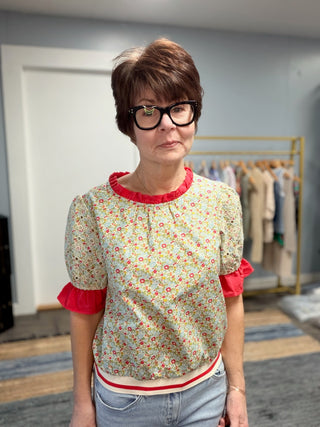 Gemma Contrast Ruffle Floral Embroidered Top