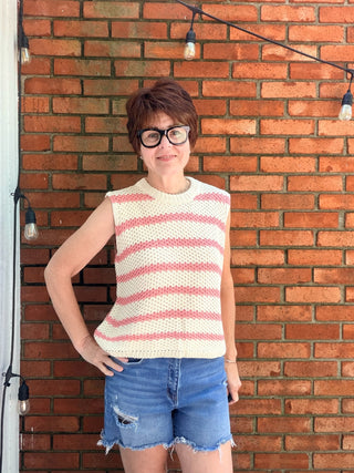Daydream Stripe Knit Vest-SweatersLovLov Daydream Stripe Knit Vest – Ivory & Pink | VerClare Boutique-Shop the LovLov Daydream Stripe Knit Vest — waffle weave 100% acrylic knit in ivory & pink stripe. Wear alone or layered. Sizes S–XL. Free US shipping on eligible orders.-VerClare Boutique