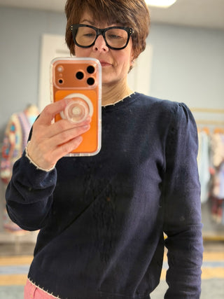 Ophelia Navy Cotton Sweater-SweatersOphelia Navy Cotton Sweater | VerClare Boutique | Jenison MI -Cotton Sweater is a beautiful soft long sleeve 100% cotton featuring white contrast switching around neck, wrist and waist and ruffle shoulder detail. Free US shipping from VerClare Boutique.-VerClare Boutique