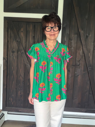 Mina Floral Ruffle Sleeve Top - Green Mix-Tops Basic PrintMina Floral Ruffle Sleeve Top | VerClare Boutique-Shop the Mina Floral Ruffle Sleeve Top by Umgee — a lightweight floral blouse with ruffle sleeves and a relaxed feminine fit. Available at VerClare Boutique.-VerClare Boutique