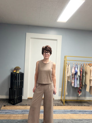 Scout Jersey Crop Flare Pant - Perfectly Taupe-BottomsScout Jersey Crop Flare Pant - Perfectly Taupe | VerClare Boutique | Jenison MI -The Z Supply Scout Jersey Crop Flare Pant is a beautiful cotton jersey knit cropped flare pant featuring a wide-leg flare silhouette, a comfortable elastic waistband, and a soft mineral wash finish. They fit true to size with a relaxed, flattering drape — perfect for casual days, travel, lounging, or everyday wear. Made from a midweight 100% cotton knit, this piece delivers 