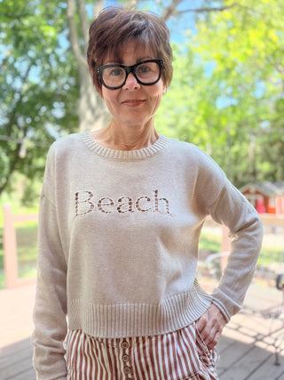 Beach Embroidered Sweater - Natural Heather-SweatersZ Supply Beach Embroidered Sweater - Natural Heather | VerClare Boutique-Shop the Z Supply Beach Embroidered Sweater in Natural Heather. Cutwork embroidered graphic, 100% cotton, relaxed crew neck. Sizes XS–L. -VerClare Boutique