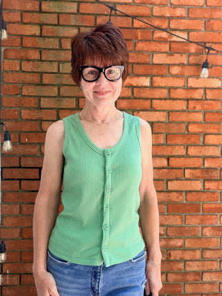 Siena Button-up Tank - 2 Colors-Tops CasualSiena Button-Up Tank | Wishlist – VerClare Boutique-Shop the Wishlist Siena Button-Up Tank. Ribbed knit, button-front, sleeveless, fitted silhouette. M.Blue & Pistachio, sizes S–L at VerClare Boutique.-VerClare Boutique