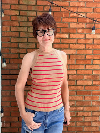 Meriel Striped Sweater Tank-SweatersMeriel Striped Sweater Tank | Wishlist | VerClare Boutique-The Meriel Striped Sweater Tank by Wishlist features a high neck, soft knit, and bold Camel/Red stripe. 80% rayon, sizes S–L. Free shipping on eligible orders.-VerClare Boutique