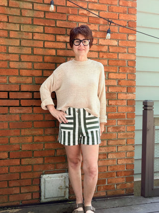 Helia Mineral Striped Shorts - Matcha Foam-BottomsEE:SOME Helia Mineral Striped Shorts - Matcha Foam | VerClare Boutique-Shop the EE:SOME Helia Mineral Striped Shorts in Matcha Foam. Mineral-washed cotton knit, stripe detail, stretch fabric, relaxed everyday silhouette. Sizes S–L.-VerClare Boutique