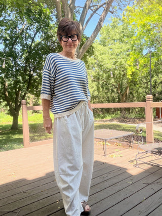 Amara Stripe Trim Sweater - Blue-SweatersThe Workshop Amara Stripe Trim Sweater - Blue | VerClare Boutique-Shop The Workshop Amara Stripe Trim Sweater in Blue. Soft cotton-blend knit, contrast stripe trim, round neckline, short sleeve, easy everyday fit. Sizes S–L.-VerClare Boutique