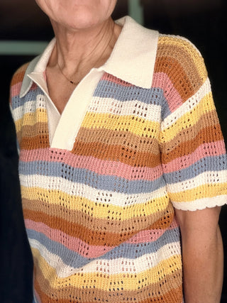Desert Bloom Polo Sweater-TopsIn February Desert Bloom Polo Sweater – Striped | VerClare Boutique-Shop the In February Desert Bloom Polo Sweater — textured cotton, multi-colored stripes, collared neckline & scalloped hem. Matching shorts available. Sizes S–L.-VerClare Boutique