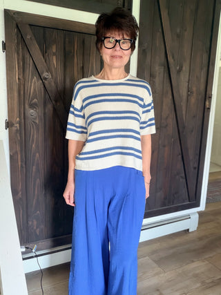 Gaia Pleat Wide-Leg Pants - Blue-BottomsGaia Pleat Wide-Leg Pants - Blue | VerClare Boutique | Jenison MI -Pleat Wide-Leg Pants are a beautiful lightweight woven cropped wide-leg pant featuring elegant pleat detailing, a comfortable pull-on waistband with elastic back, and functional side pockets. Free US shipping from VerClare Boutique.-VerClare Boutique