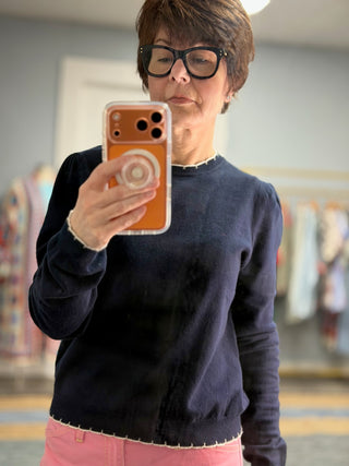 Ophelia Navy Cotton Sweater-SweatersOphelia Navy Cotton Sweater | VerClare Boutique | Jenison MI -Cotton Sweater is a beautiful soft long sleeve 100% cotton featuring white contrast switching around neck, wrist and waist and ruffle shoulder detail. Free US shipping from VerClare Boutique.-VerClare Boutique