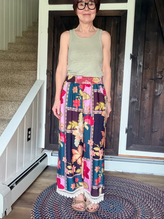 Celia Abstract Patchwork Print Pants - Pink Mix-BottomsCelia Abstract Patchwork Print Pants - Pink Mix | VerClare Boutique | Jenison MI -Abstract Patchwork Print Pants are a beautiful lightweight woven printed pant featuring a bold multi-color floral patchwork design, a comfortable elastic waistband, and delicate lace trim accents. Free US shipping from VerClare Boutique.-VerClare Boutique