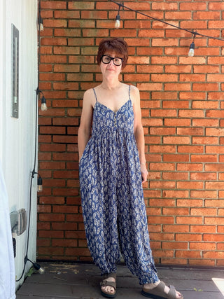 Taliah Boho Sleeveless Jumpsuit - Indigo-Dresses & RompersEE:SOME Taliah Boho Sleeveless Jumpsuit - Indigo | VerClare Boutique-Shop the EE:SOME Taliah Boho Sleeveless Jumpsuit in Indigo. 100% rayon, boho silhouette, flowy wide-leg, pull-on design, lightweight woven. Sizes S–L.-VerClare Boutique