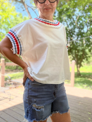 Cabana Stripe Tee-TopsLovLov Cabana Stripe Tee – Oversized White Cotton | VerClare Boutique-Shop the LovLov Cabana Stripe Tee — oversized 100% cotton white tee with contrast stripe trim at the neck and sleeves. Sizes S–XL. Free US shipping on eligible orders.-VerClare Boutique
