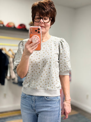Ayla Floral Puff Sleeve Terry Top – H Grey