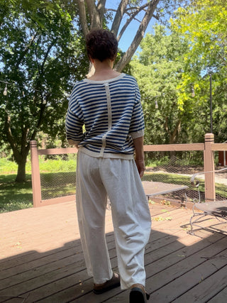 Amara Stripe Trim Sweater - Blue-SweatersThe Workshop Amara Stripe Trim Sweater - Blue | VerClare Boutique-Shop The Workshop Amara Stripe Trim Sweater in Blue. Soft cotton-blend knit, contrast stripe trim, round neckline, short sleeve, easy everyday fit. Sizes S–L.-VerClare Boutique