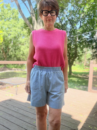 Gala Denim Short Pants - Lt Denim-BottomsCotierra Gala Denim Short Pants - Light Denim | VerClare Boutique-Shop the Cotierra Gala Denim Short Pants in Light Denim. Soft cotton-blend denim, elastic high-rise waist, side pockets, easy pull-on style. Sizes S–L.-VerClare Boutique