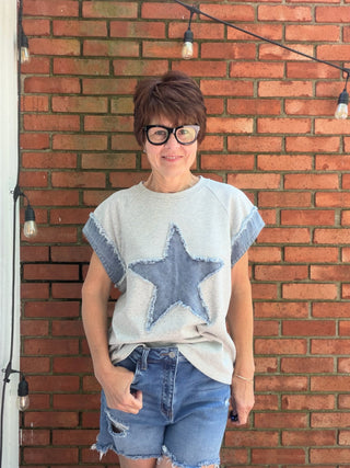 Sasha - Star Heather Grey-Tops Basic PrintBibi Sasha Star Short Sleeve Top - Heather Grey | VerClare Boutique-Shop the Bibi Sasha Star Top in Heather Grey. 100% cotton French terry, denim accents, frayed edges, festive patriotic design, relaxed fit. Sizes S–XL.-VerClare Boutique