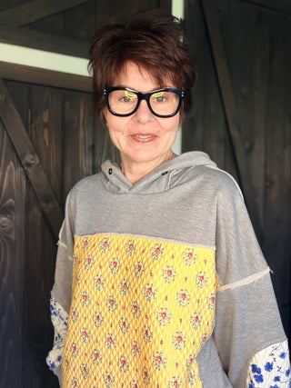 Patchwork Sweatshirt-SweatersLucy Cotton Sweater | VerClare Boutique | Jenison MI -Cotton Sweater is a beautiful long sleeve 100% cotton sweater featuring a round, scalloped collar with contrast top and bottom. Made from a 100% cotton fabric. Free US shipping from VerClare Boutique.-VerClare Boutique