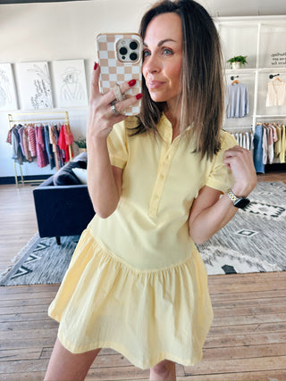 Cassie Pique Poly Shirt Dress - Yellow Cream-Dresses & RompersCassie Pique Poly Shirt Dress | VerClare Boutique | Jenison MI -Pique Poly Shirt Dress is a cotton/polyester polo-type shirt with a nylon skirt. Free US shipping from VerClare Boutique.-VerClare Boutique