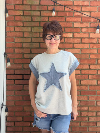 Sasha - Star Heather Grey-Tops Basic PrintBibi Sasha Star Short Sleeve Top - Heather Grey | VerClare Boutique-Shop the Bibi Sasha Star Top in Heather Grey. 100% cotton French terry, denim accents, frayed edges, festive patriotic design, relaxed fit. Sizes S–XL.-VerClare Boutique
