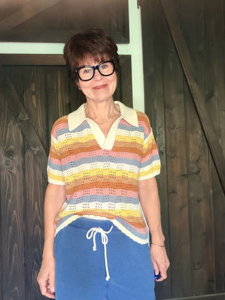 Desert Bloom Polo Sweater-TopsIn February Desert Bloom Polo Sweater – Striped | VerClare Boutique-Shop the In February Desert Bloom Polo Sweater — textured cotton, multi-colored stripes, collared neckline & scalloped hem. Matching shorts available. Sizes S–L.-VerClare Boutique