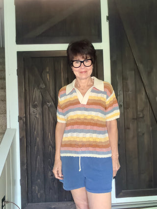 Desert Bloom Polo Sweater-TopsIn February Desert Bloom Polo Sweater – Striped | VerClare Boutique-Shop the In February Desert Bloom Polo Sweater — textured cotton, multi-colored stripes, collared neckline & scalloped hem. Matching shorts available. Sizes S–L.-VerClare Boutique