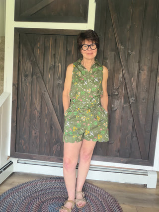 Iris Olive Floral Romper-Dresses & RompersIris Olive Floral Scalloped Romper | VerClare Boutique-Shop the &merci Iris Olive Floral Romper — scalloped edges, smocked waist, self-tie sash, pockets & fully lined. Sizes S–L. $81.99-VerClare Boutique