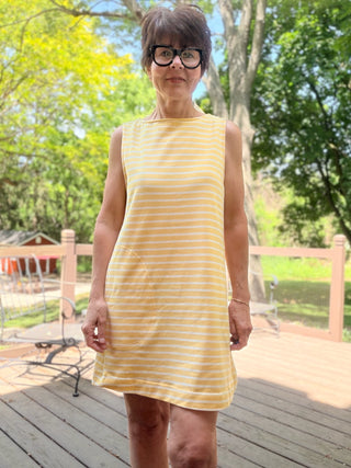 Maxine Yellow Striped Sleeveless Dress-Dresses & RompersBy Together Maxine Striped Sleeveless Dress | VerClare Boutique-Shop the By Together Maxine Striped Sleeveless Dress. Lightweight polyester/spandex blend, relaxed shift silhouette, functional pockets. Sizes S–L.-VerClare Boutique