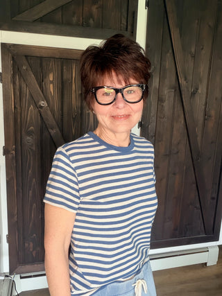Tourist Striped Tee - Calypso Blue Indigo-Tops CasualTourist Striped Tee - Calypso Blue Indigo | VerClare Boutique | Jenison MI -Z Supply Tourist Striped Tee is a beautiful airy loose knit jersey short-sleeve tee featuring timeless stripe detailing, a classic crew neckline, and a relaxed, easy silhouette. Free US shipping on eligible orders. -VerClare Boutique