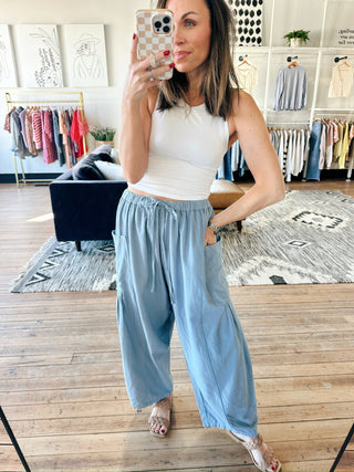 Zena Wide Leg Pants - Spring Blue-BottomsZena Wide Leg Pants - Spring Blue | VerClare Boutique | Jenison MI -Wide Leg Pants are a beautiful soft viscose-linen blend wide-leg pant featuring a billowy harem-inspired silhouette, an elastic waistband with drawstring, and easy dropped side pockets. Free US shipping from VerClare Boutique.-VerClare Boutique